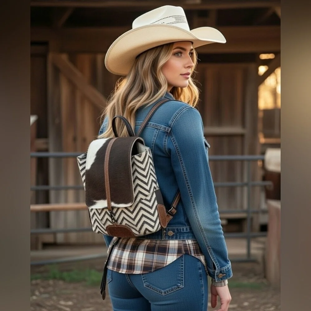 Myra Chevron Brown and White Patterned Backpack with Cowhide Flap.